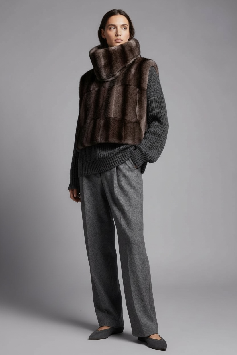 PLASTRON ECO-FOURRURE VISON GRIS/NOIR COURT đ«đ·