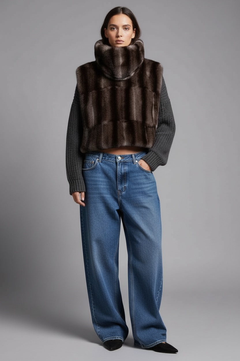 PLASTRON ECO-FOURRURE VISON GRIS/NOIR COURT đ«đ·