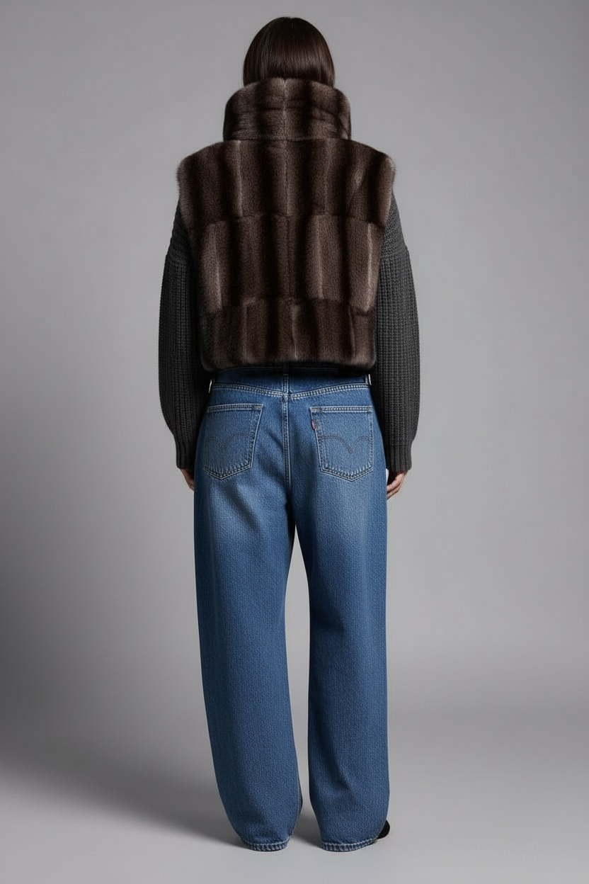 PLASTRON ECO-FOURRURE VISON GRIS/NOIR COURT đ«đ·