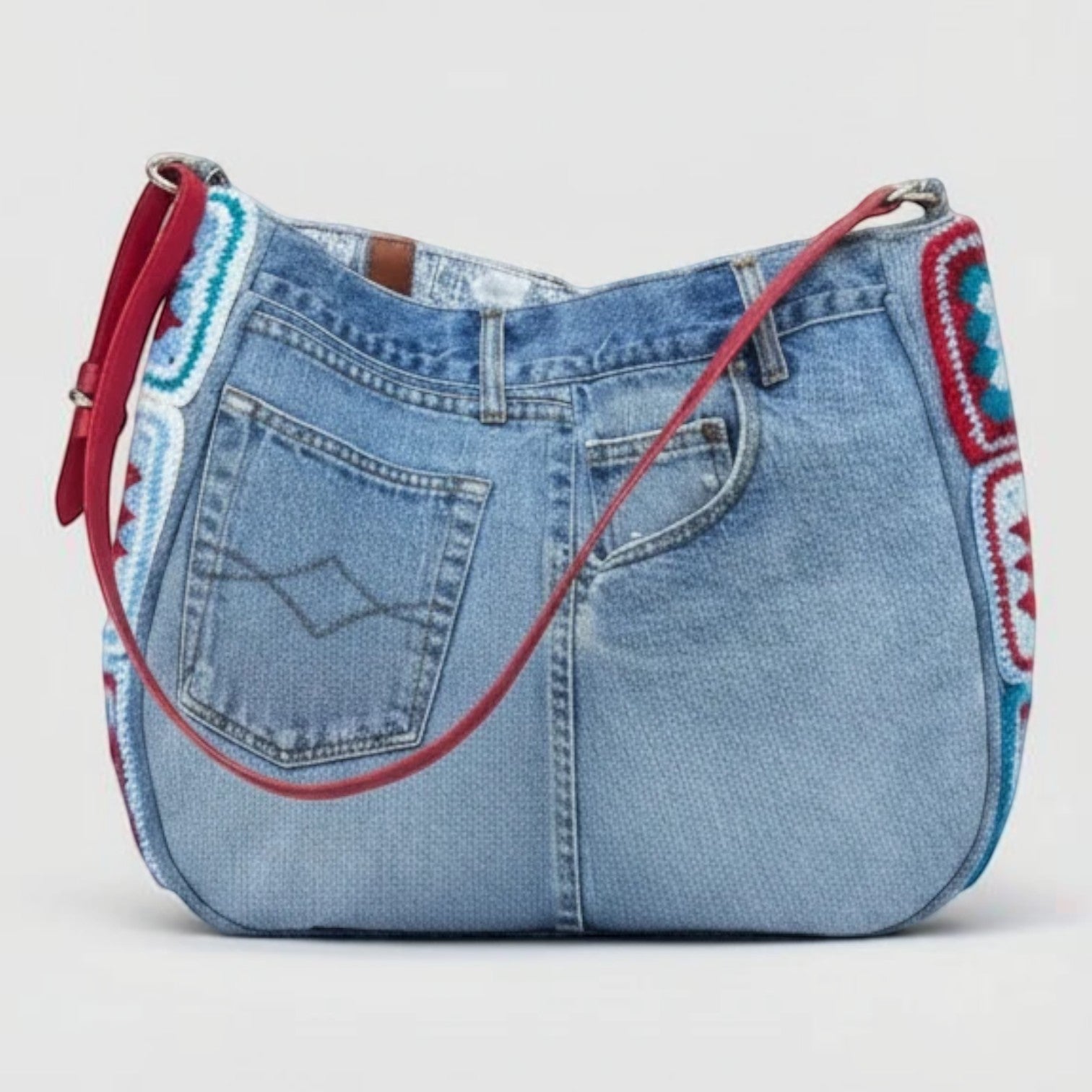 La Stella sac bandoulière en jean recyclé bleu clair avec détails au crochet multicolore et bandoulière rouge.