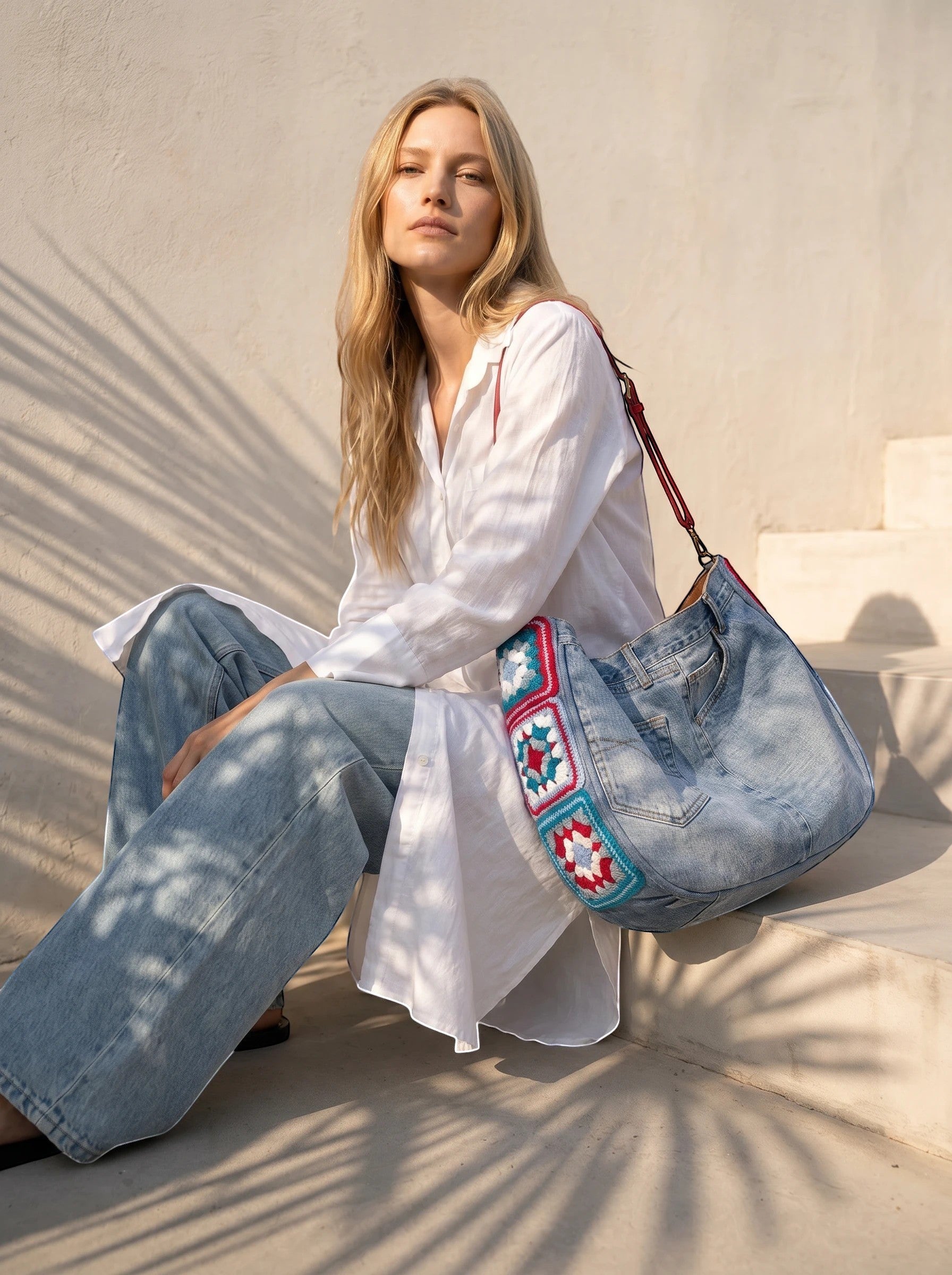 La Stella sac bandoulière en jean recyclé bleu clair avec appliqués au crochet colorés, bandoulière en cuir rouge.