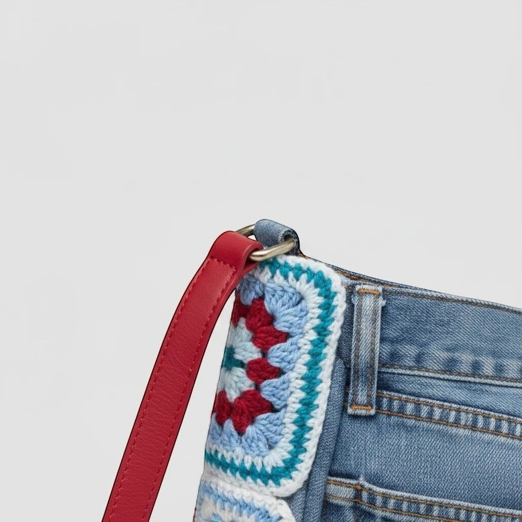 La Stella sac bandoulière en jean recyclé avec appliqués au crochet bleu, blanc et rouge, bandoulière en cuir rouge.
